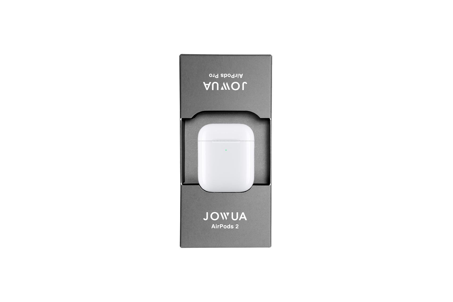 A set of JOWUA AirPods 2 wireless earbuds is showcased in an open black box, with a stylish white charging case prominently placed in the center. Designed for Tesla Models and accompanied by a convenient JOWUA AirPods Charger Stand, all set against an elegant plain black background.