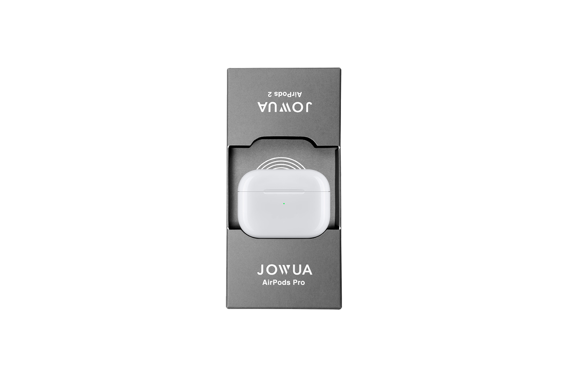 The image showcases the JOWUA AirPods Charger Stand, featuring a pair of white wireless earbuds with a charging case set atop a black box. The setup, marked with "JOWUA" and "AirPods Pro," mirrors an innovative charger holder design that suggests seamless integration for Tesla enthusiasts.
