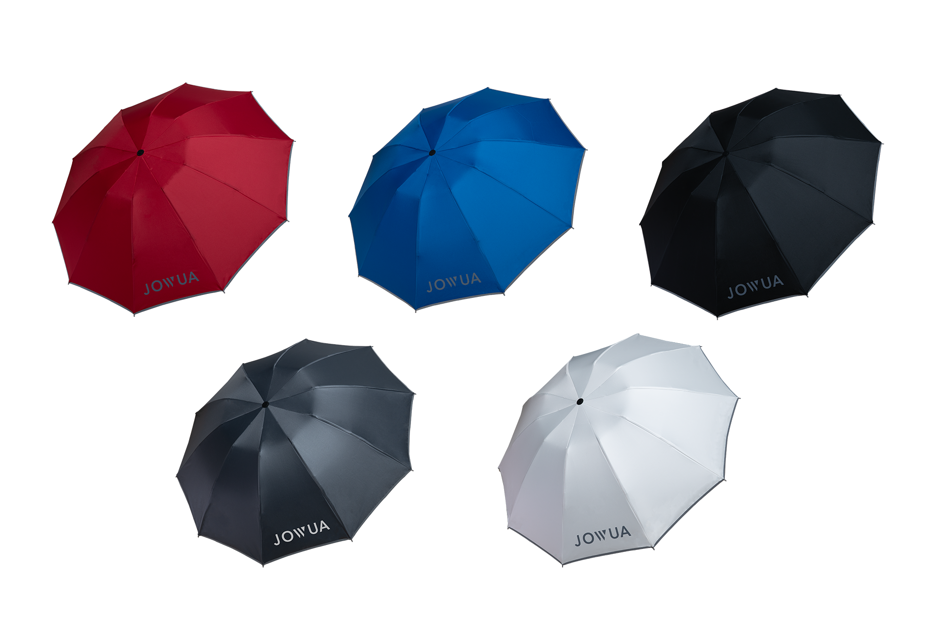 Five umbrellas are showcased, featuring an anti-rebound inverted design for convenient use. Available in red, blue, black, gray, and white colors, each umbrella proudly displays the "JOWUA" brand on a panel. These water-repellent Tesla Color Matching Umbrellas are arranged in two rows against a plain background.