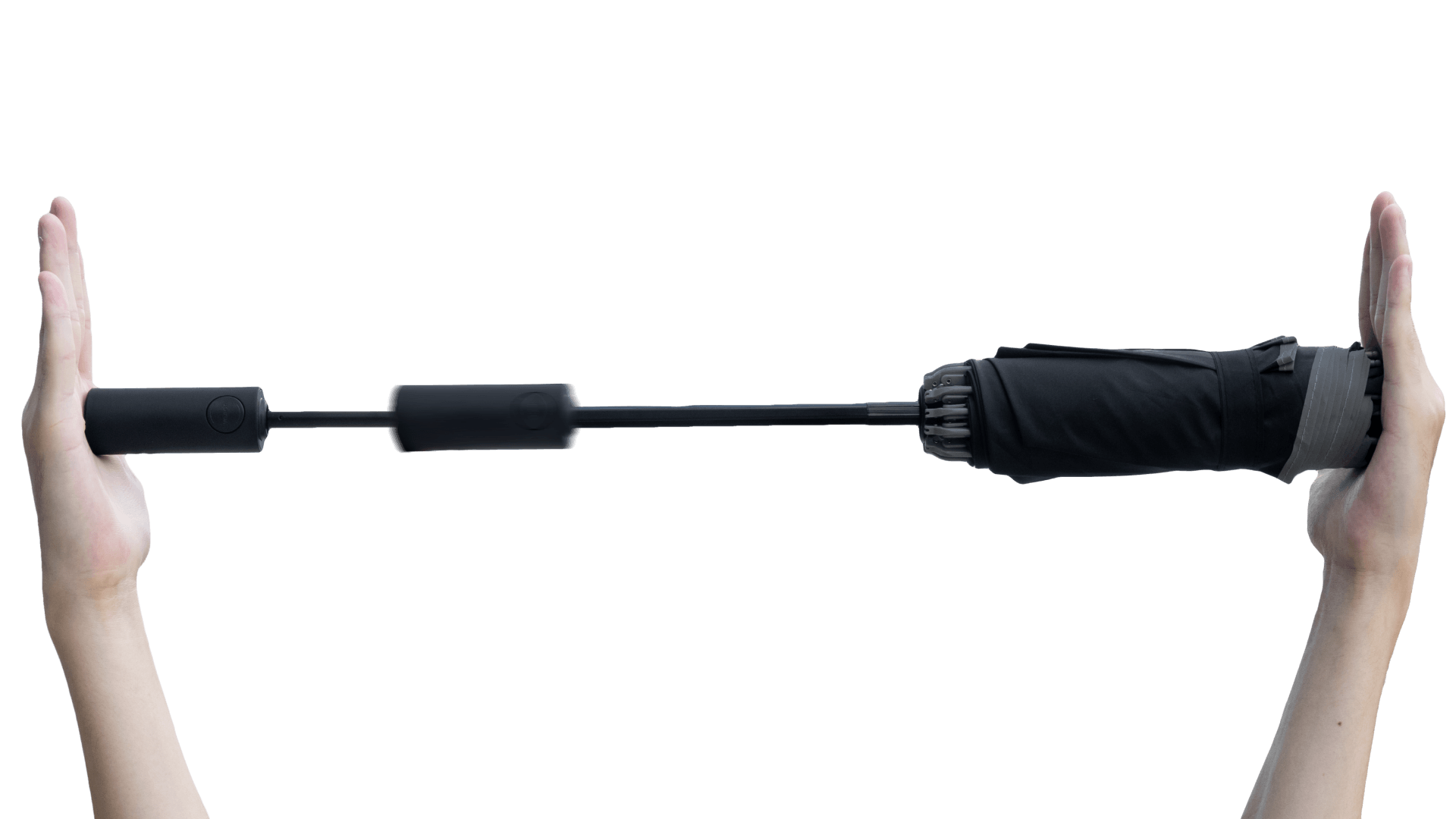 A pair of hands hold a sleek, black Tesla Color Matching Umbrella by JOWUA with an anti-rebound inverted design horizontally against a black background, showcasing its modern elegance.