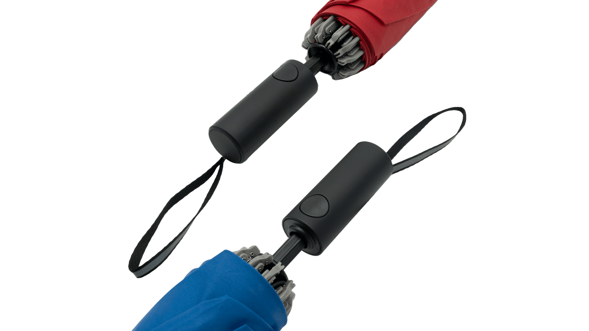 Two Tesla Color Matching Umbrellas (Anti-rebound Inverted) by JOWUA are displayed, one in blue and the other in red, both equipped with black handles and wrist straps, featuring a water-repellent finish. They are set against a black background, with their tips elegantly pointing towards each other.