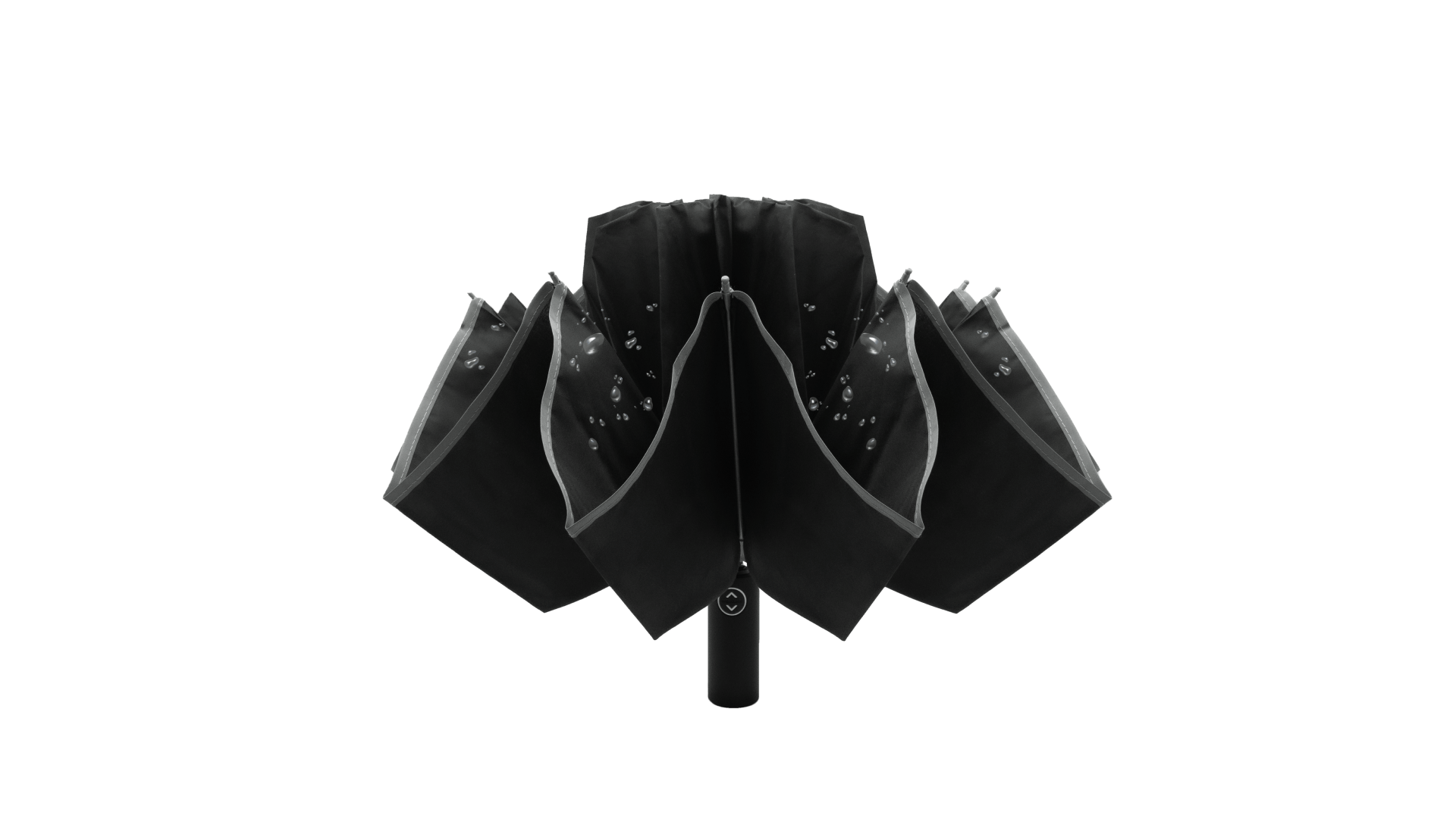 A Tesla Color Matching Umbrella (Anti-rebound Inverted) by JOWUA, in black, is partially open and viewed from below. Water droplets glisten on its water-repellent fabric against a plain background.