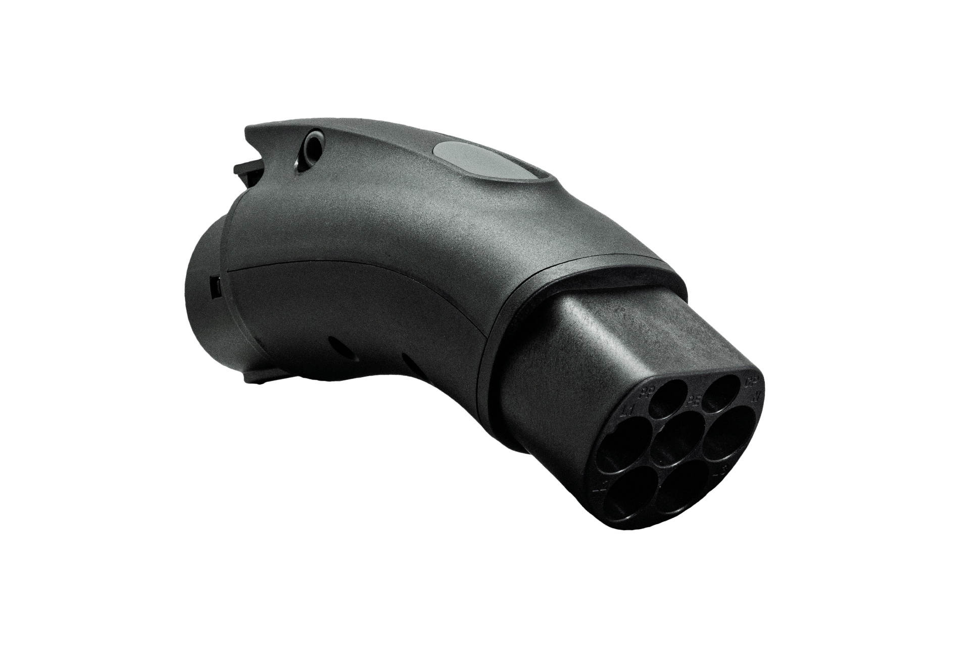 A JOWUA CCS2-AC (TYPE2) to J1772 Adapter in black is showcased against a plain background, featuring multiple rounded connection points at the end, emphasizing its patented chip design.