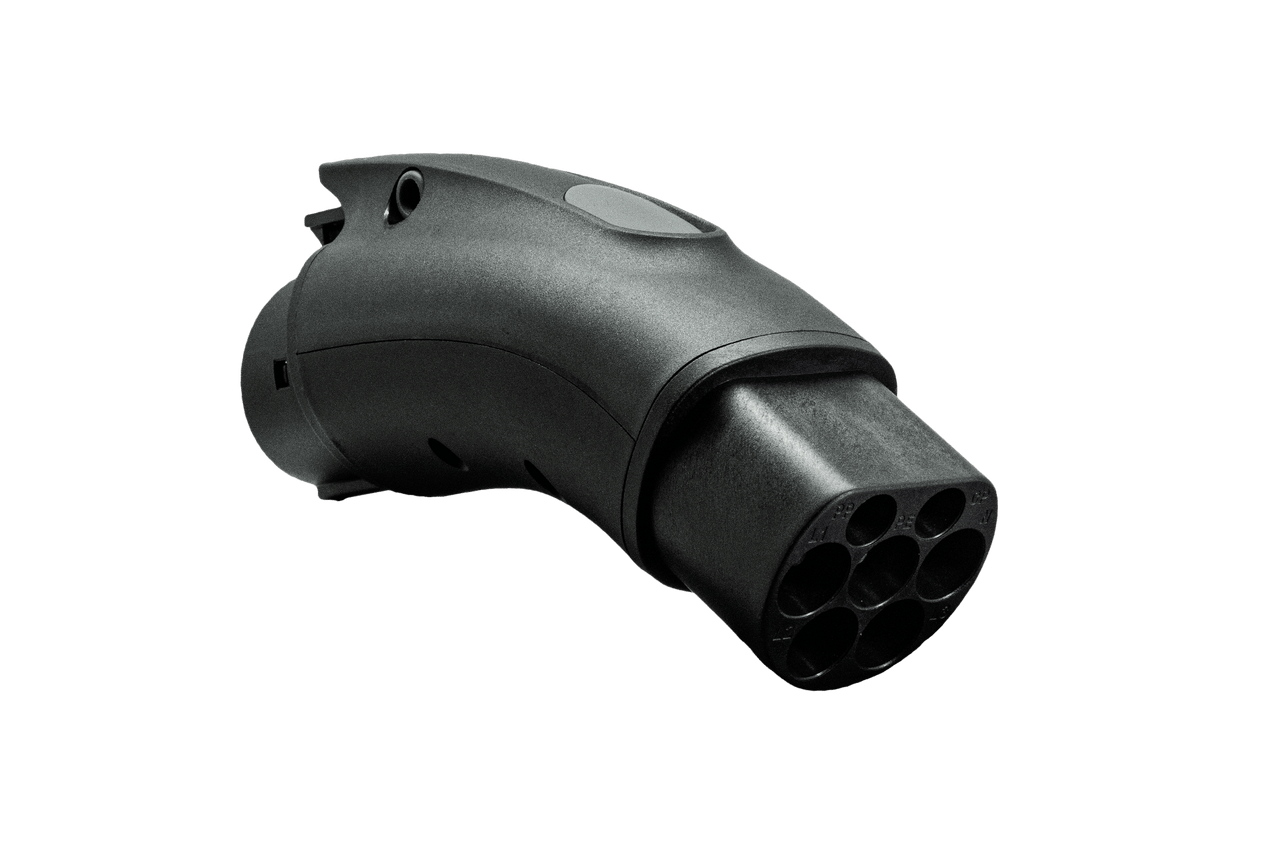 A JOWUA CCS2-AC (TYPE2) to J1772 Adapter in black is showcased against a plain background, featuring multiple rounded connection points at the end, emphasizing its patented chip design.