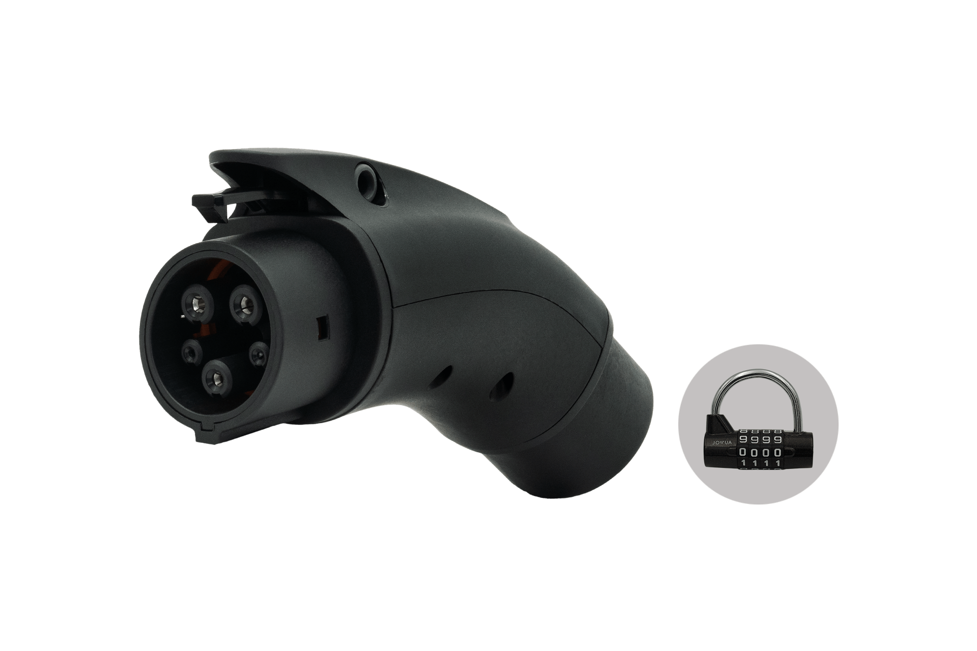 Displayed against a neutral background, the JOWUA CCS2-AC (TYPE2) to J1772 Adapter is paired with a combination padlock to emphasize the connection and security of electric vehicle charging, featuring a patented chip design for enhanced safety.