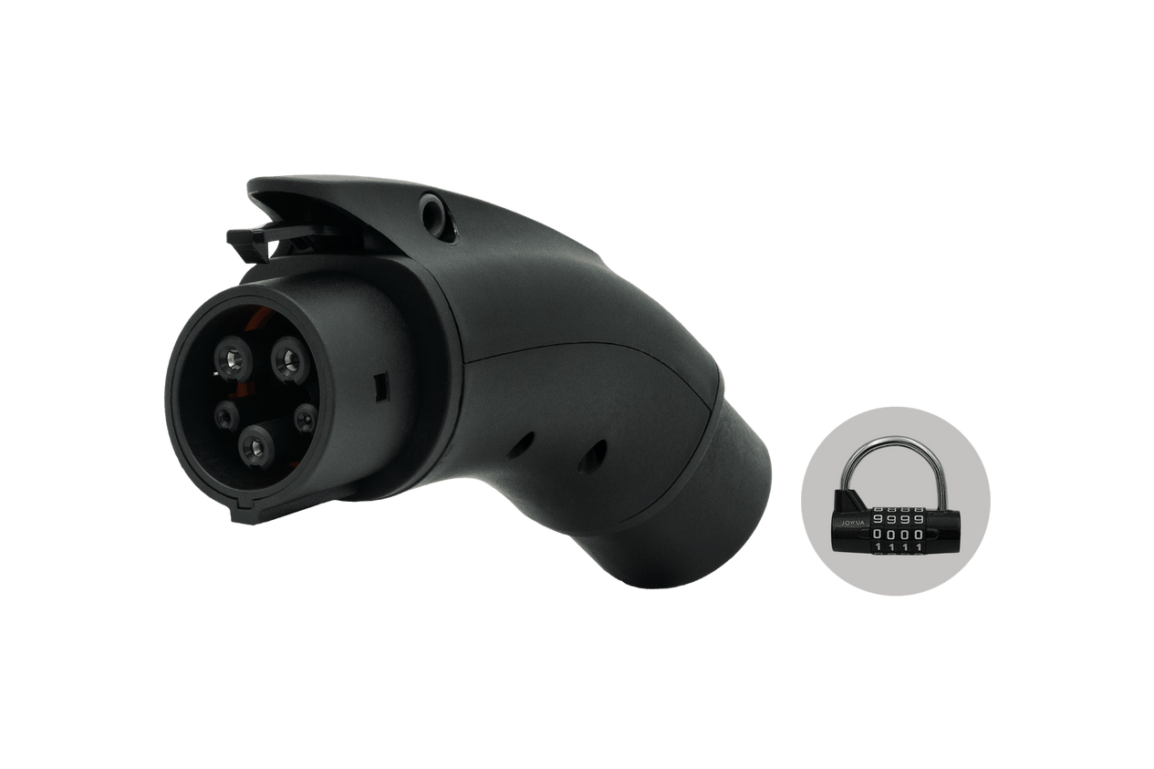 Displayed against a neutral background, the JOWUA CCS2-AC (TYPE2) to J1772 Adapter is paired with a combination padlock to emphasize the connection and security of electric vehicle charging, featuring a patented chip design for enhanced safety.