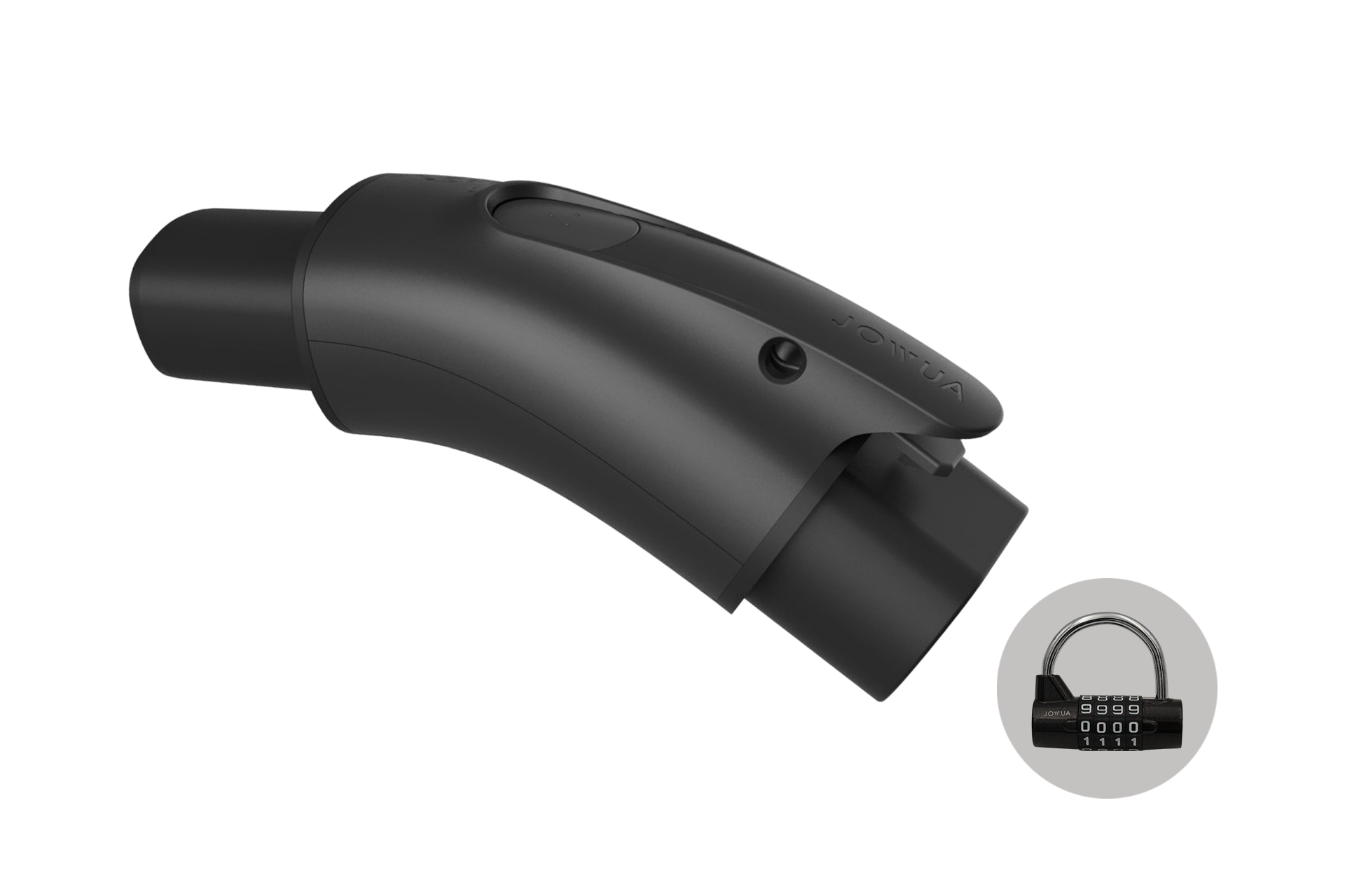 A CCS2-AC (TYPE2) to TPC(NACS) Adapter featuring intricate design details is displayed, compatible with the IEC 62196-2 standard. Inset in the bottom right corner is a small, black padlock from JOWUA.