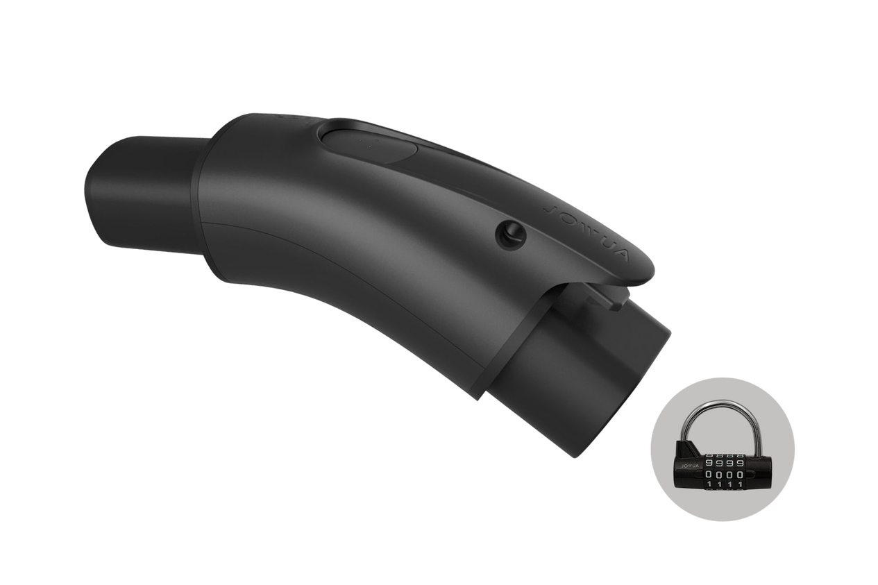A CCS2-AC (TYPE2) to TPC(NACS) Adapter featuring intricate design details is displayed, compatible with the IEC 62196-2 standard. Inset in the bottom right corner is a small, black padlock from JOWUA.