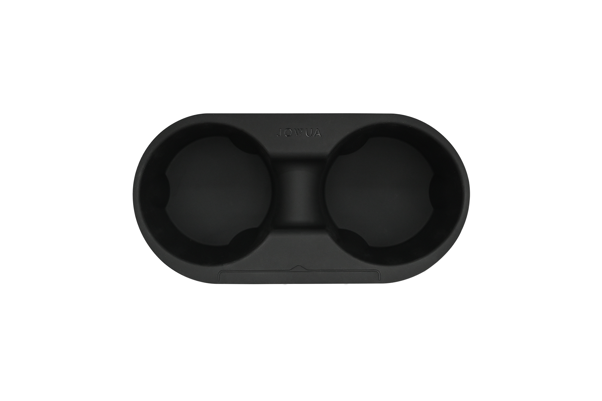 Introducing the JOWUA Center Console Cup Holder for Tesla Model 3 and Model Y: a black, oval-shaped double holder made from smooth silicone, equipped with a central divider. This cup holder is perfect for the center console and features rounded indentations with a subtle texture along its inner rims.