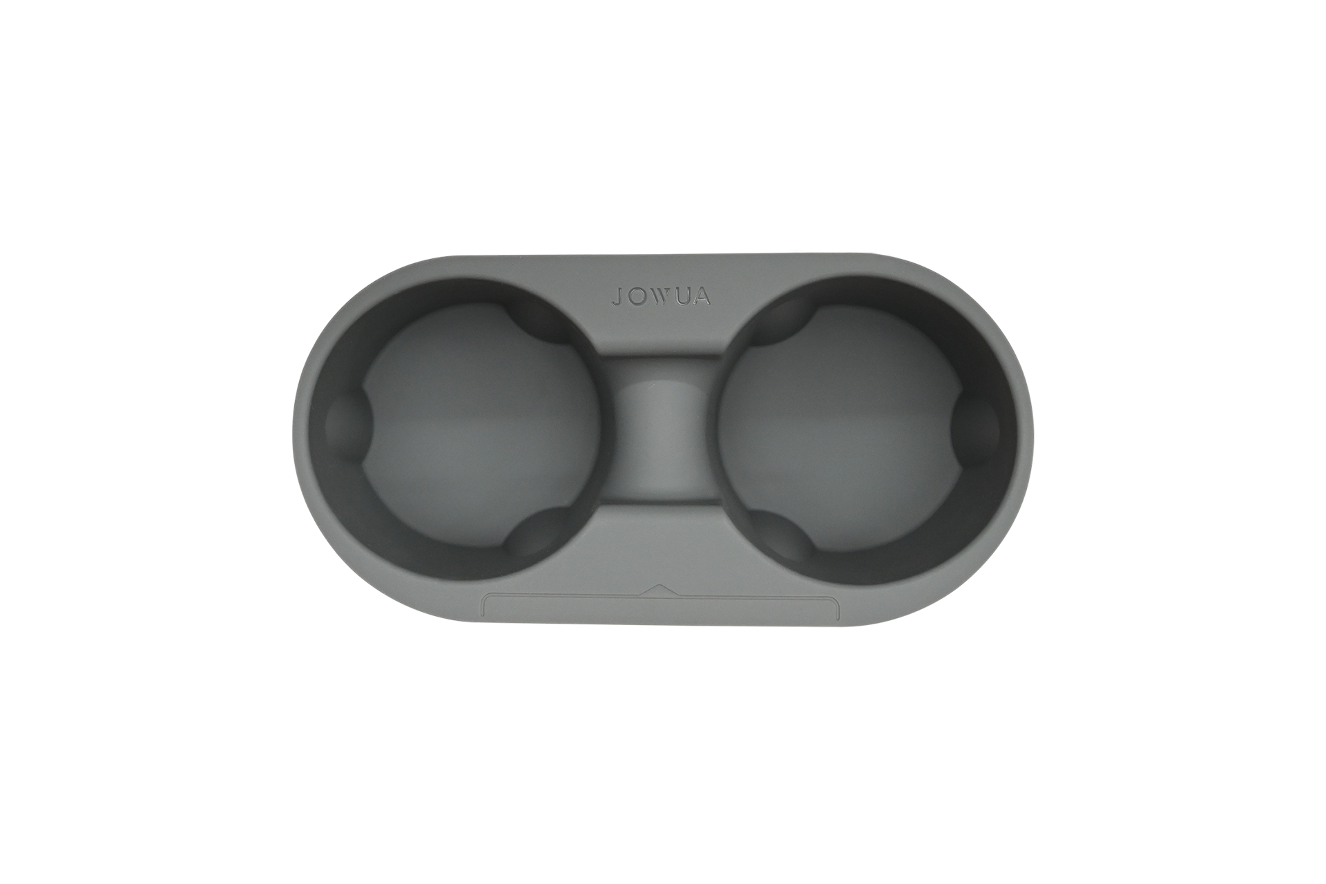 The JOWUA Cup Holder Set for Tesla Model 3 / Y is an elegantly designed, oval-shaped gray accessory adorned with the JOWUA logo at the top. Made from high-quality silicone, it accommodates two cups securely with its ridged edges and offers ease of cleaning, combining practicality with style.
