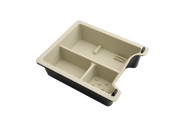 Introducing the JOWUA Center Console Tray Organizer for Tesla Model 3/Y, a beige and black tray featuring three compartments with rounded corners. Made from premium hybrid material, it offers a sleek finish and is perfectly designed to fit inside a drawer or serve as a center console organizer, enhancing both style and functionality.