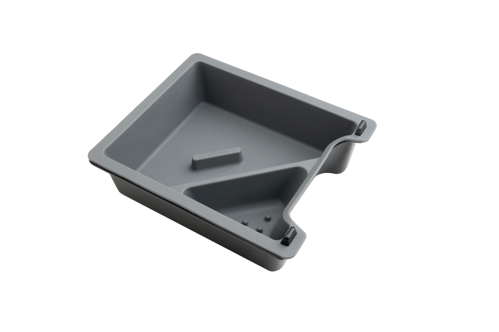 The JOWUA Center Console Tray Organizer for Tesla Model 3/Y is crafted from premium hybrid material and comes in gray. This rectangular plastic tray includes a slanted divider and a raised section at one end, making it ideal for organizing your center console. Part of the Tesla Model 3/Y accessories line, it boasts rounded edges and features an ergonomic handle on one side.