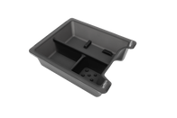 A rectangular plastic tray from JOWUA, designed with divided sections and a handle, made from premium hybrid material. This gray Center Console Tray Organizer is ideal for efficiently arranging items in your Tesla Model 3 or Y.