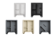 Five rectangular containers, configured as a center console organizer, are organized in two rows. Made by JOWUA from premium hybrid material, the colors offered are white, black, dark gray, light gray, and beige. Each container from the Center Console Tray Organizer for Tesla Model 3/Y includes compartments with distinct sections and perforated bottoms.