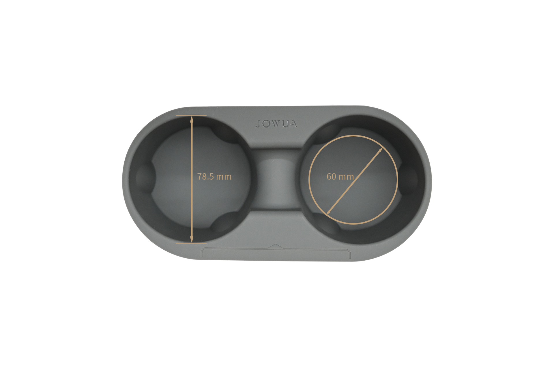 Top view of the JOWUA Cup Holder Set for Tesla Model 3 / Y, crafted from premium silicone and designed with embossed measurements for diameters of 78.5 mm and 60 mm. The gray dual cup sections are easy to clean, making it a practical accessory for your ride.