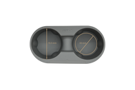 Top view of a gray silicone cup holder specifically crafted for the center console of Tesla Model 3 and Model Y vehicles. It includes dual compartments, one with a diameter of 78.5 mm and the other measuring 60 mm. The design showcases smooth, rounded edges and prominently displays the "JOWUA" brand name on its surface.