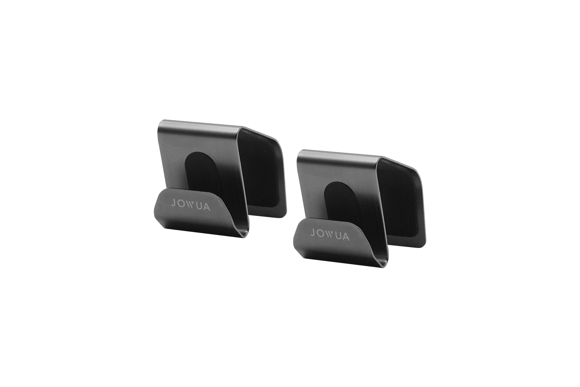 A pair of stylish black metal cable holders featuring the "JOWUA" branding, designed to keep electronic cables neatly organized. Their sleek design beautifully complements the interior of a Tesla Model 3/Y.