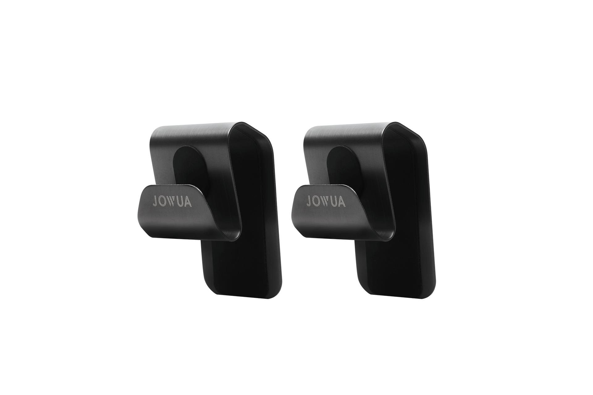 A pair of black Glovebox Hooks from the brand JOWUA, featuring a sleek and modern design, are specifically crafted for durability to enhance the interior aesthetic of Tesla Model 3/Y. Displayed side by side against a plain white background, these hooks bear the JOWUA branding.