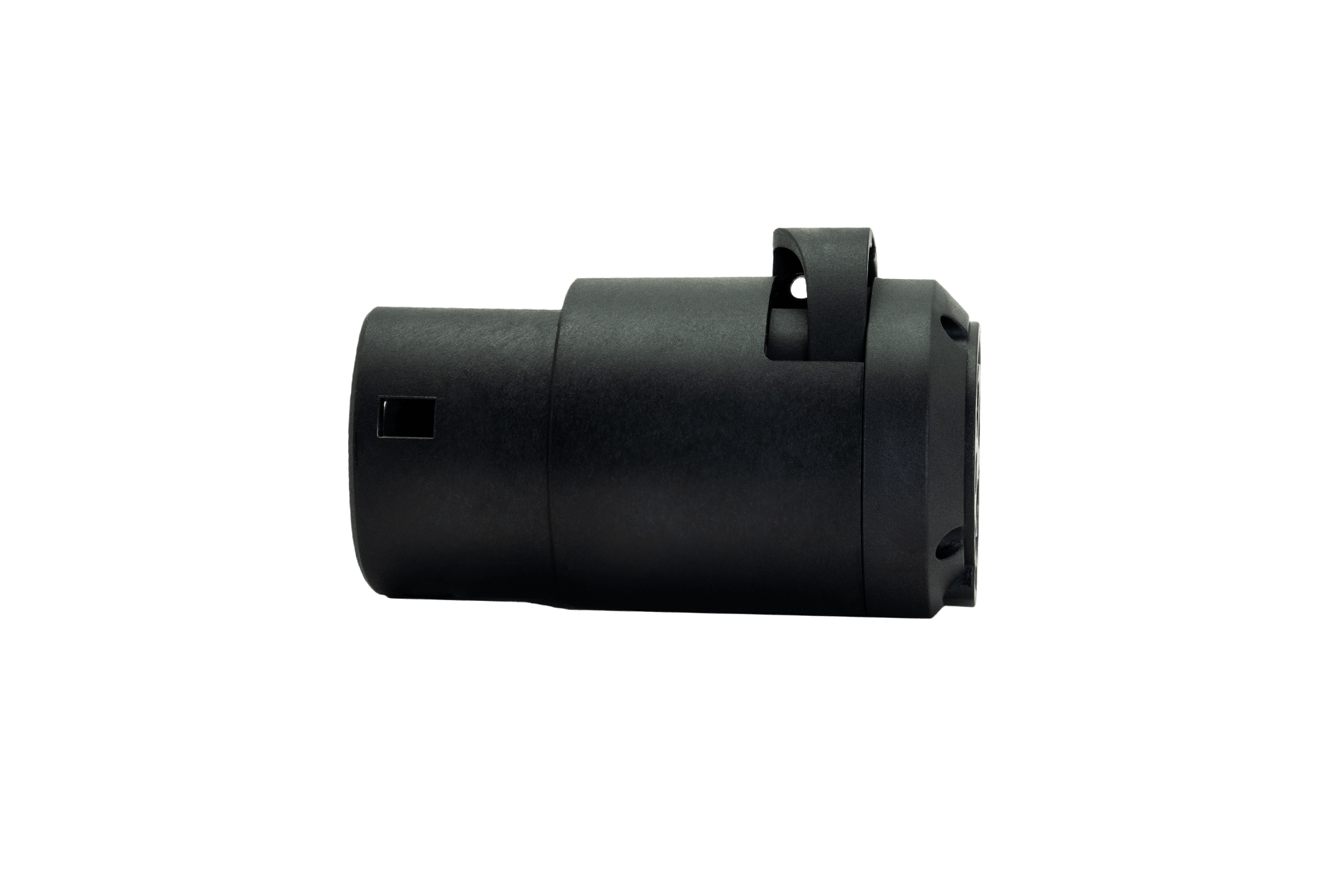 The J1772 to CCS2-AC (TYPE2) Adapter by JOWUA, featuring a sleek cylindrical black design with a small protruding AC charging connector on the right end, boasts a smooth surface with a cut-out on the left side. It is displayed against a plain white background.