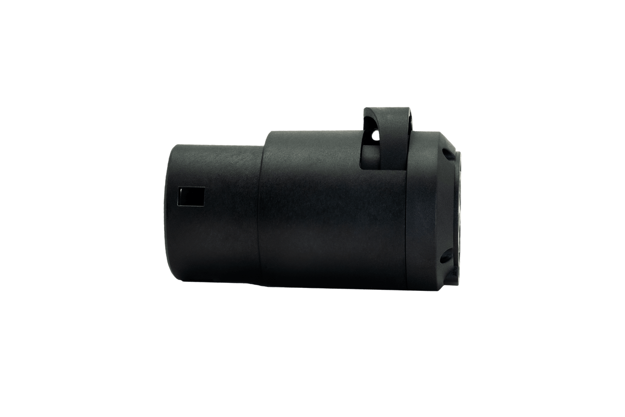 The J1772 to CCS2-AC (TYPE2) Adapter by JOWUA, featuring a sleek cylindrical black design with a small protruding AC charging connector on the right end, boasts a smooth surface with a cut-out on the left side. It is displayed against a plain white background.