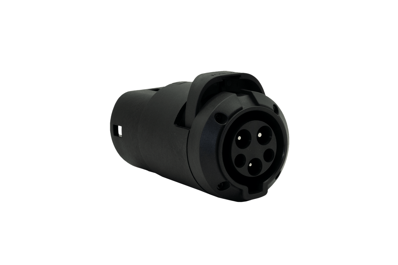 A black, cylindrical JOWUA J1772 to CCS2-AC (TYPE2) Adapter (Tesla Anti-pull) with three circular pins takes center stage. Set against a black background, it highlights its sleek, waterproof design and functional features perfect for AC charging.