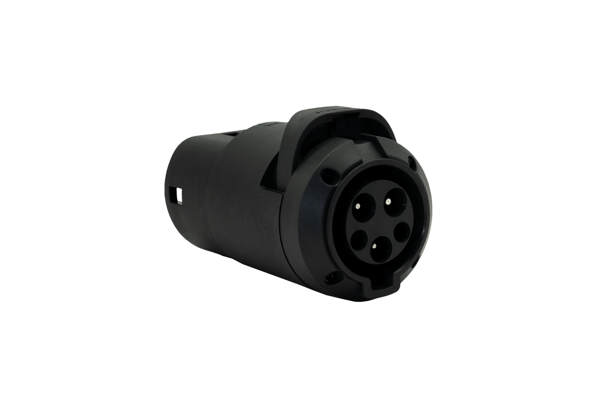 A black, cylindrical JOWUA J1772 to CCS2-AC (TYPE2) Adapter (Tesla Anti-pull) with three circular pins takes center stage. Set against a black background, it highlights its sleek, waterproof design and functional features perfect for AC charging.
