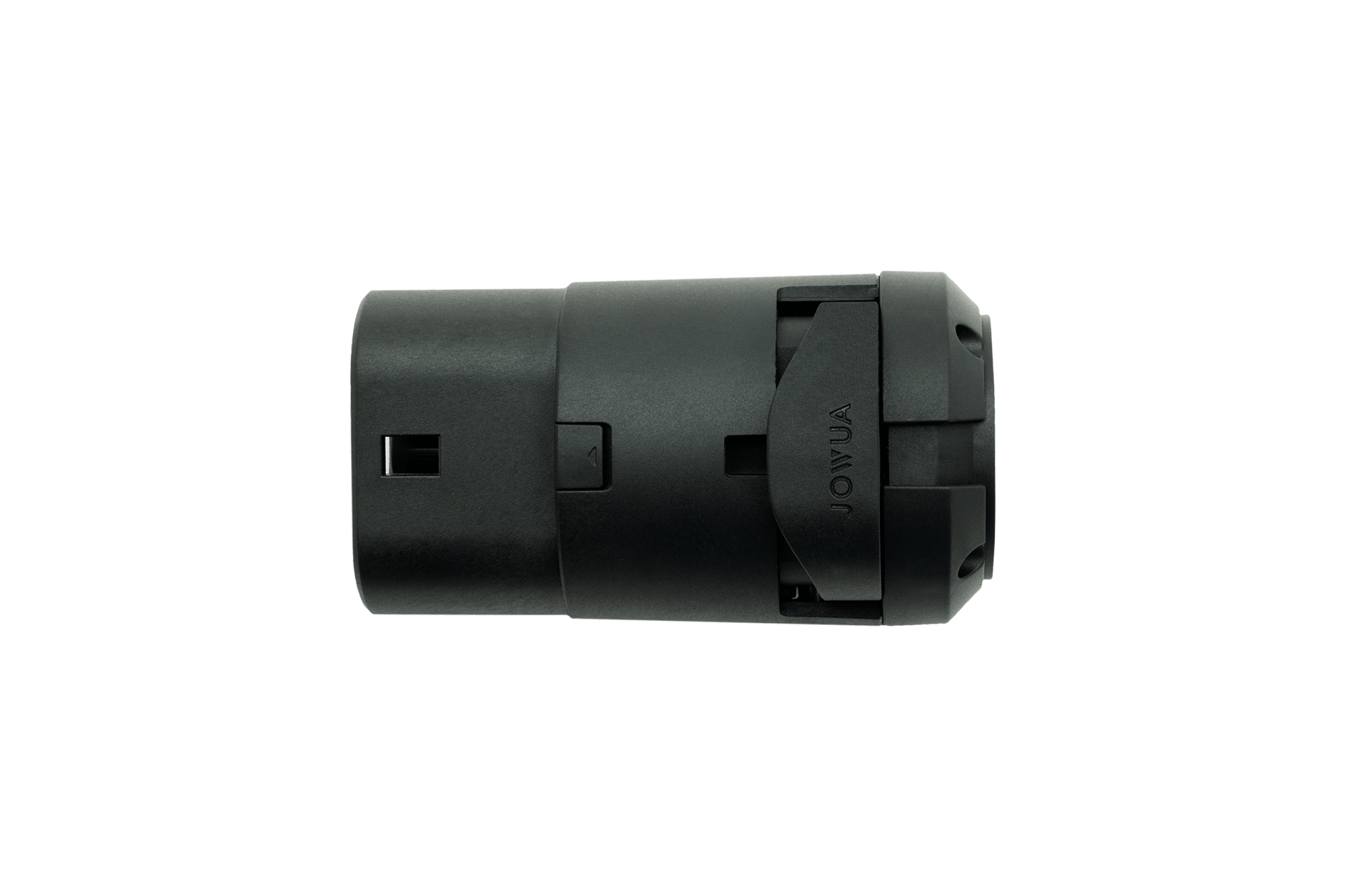 Close-up of a black cylindrical electronic component with grooves and connectors, displaying the brand name "JOWUA" on its side. This waterproof device is designed for AC charging applications, ensuring durability and efficiency in various conditions.