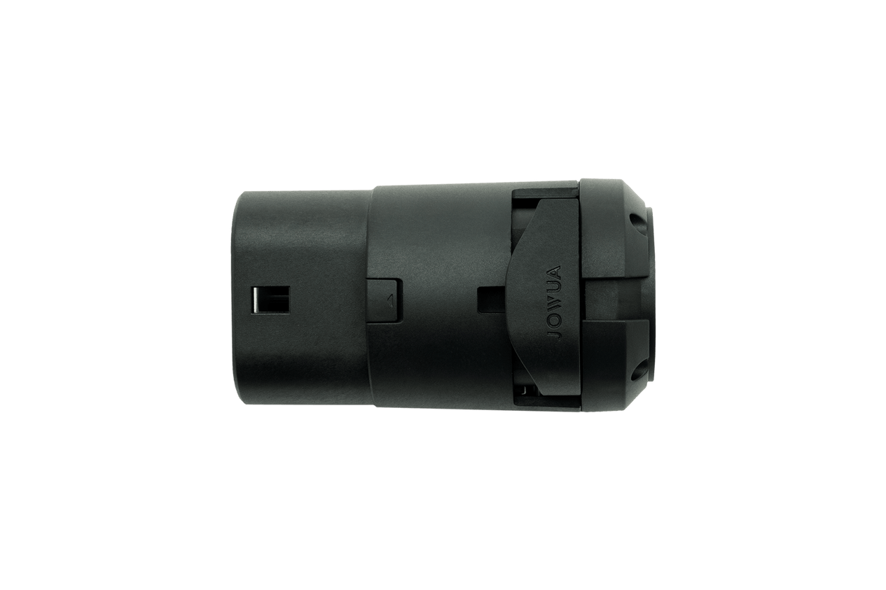 Close-up of a black cylindrical electronic component with grooves and connectors, displaying the brand name "JOWUA" on its side. This waterproof device is designed for AC charging applications, ensuring durability and efficiency in various conditions.
