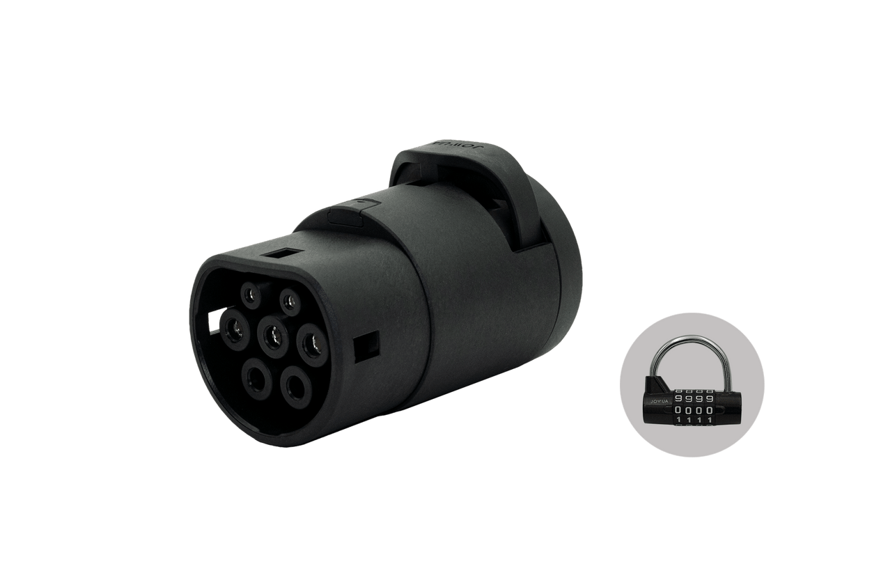 A black JOWUA J1772 to CCS2-AC (TYPE2) Adapter, designed for AC Charging and featuring Tesla Anti-pull technology, is displayed on a dark background. To the right, there is a small illustration of a black combination padlock inside a gray circle, highlighting its robust and waterproof features.