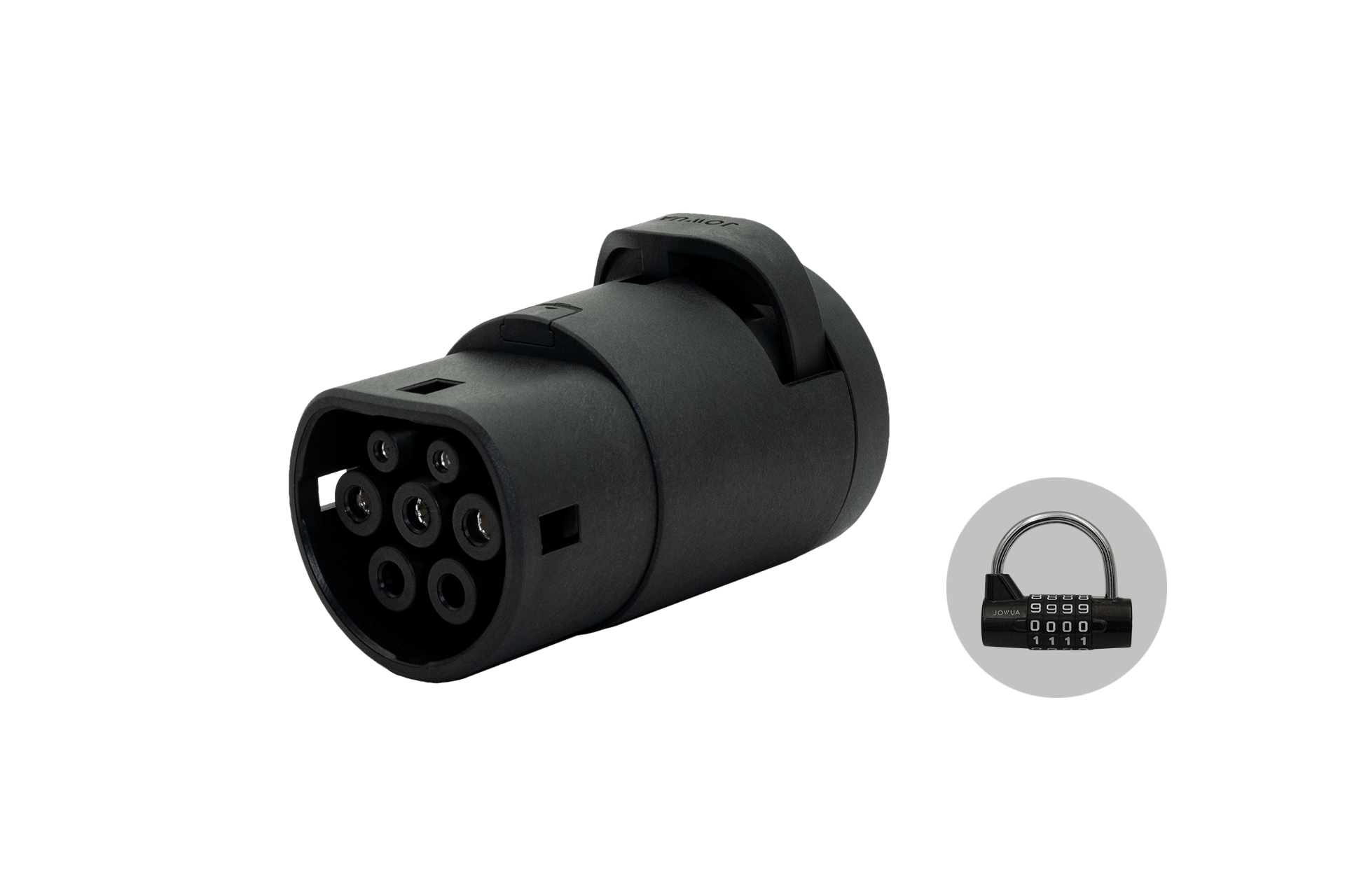 A black JOWUA J1772 to CCS2-AC (TYPE2) Adapter, designed for AC Charging and featuring Tesla Anti-pull technology, is displayed on a dark background. To the right, there is a small illustration of a black combination padlock inside a gray circle, highlighting its robust and waterproof features.