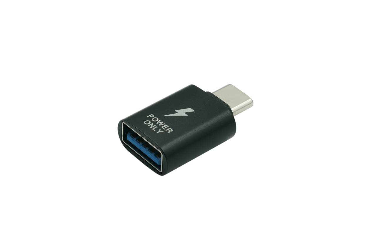 An elegant, high-quality JOWUA metallic USB-C to USB-A Adapter (Power Only), featuring a USB-C plug and a "Power Only" labeled USB Type-A port, beautifully displayed against a black background.