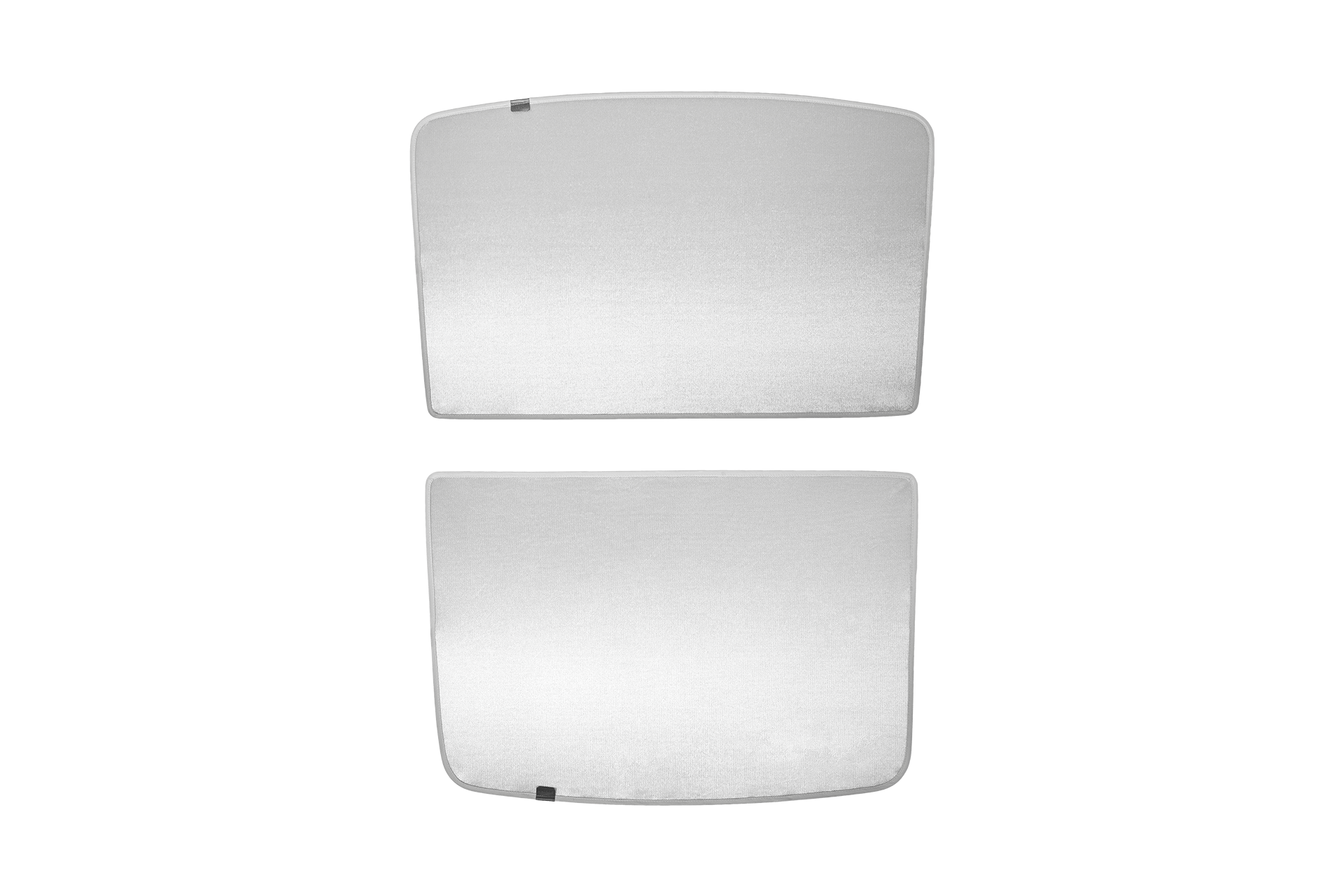 Two gray, slightly curved rectangular sunshades, designed for UV protection of the All Model Y Glass Roof (Juniper 2025+ / 2021-2024), are displayed vertically against a black backdrop. Brand: JOWUA.