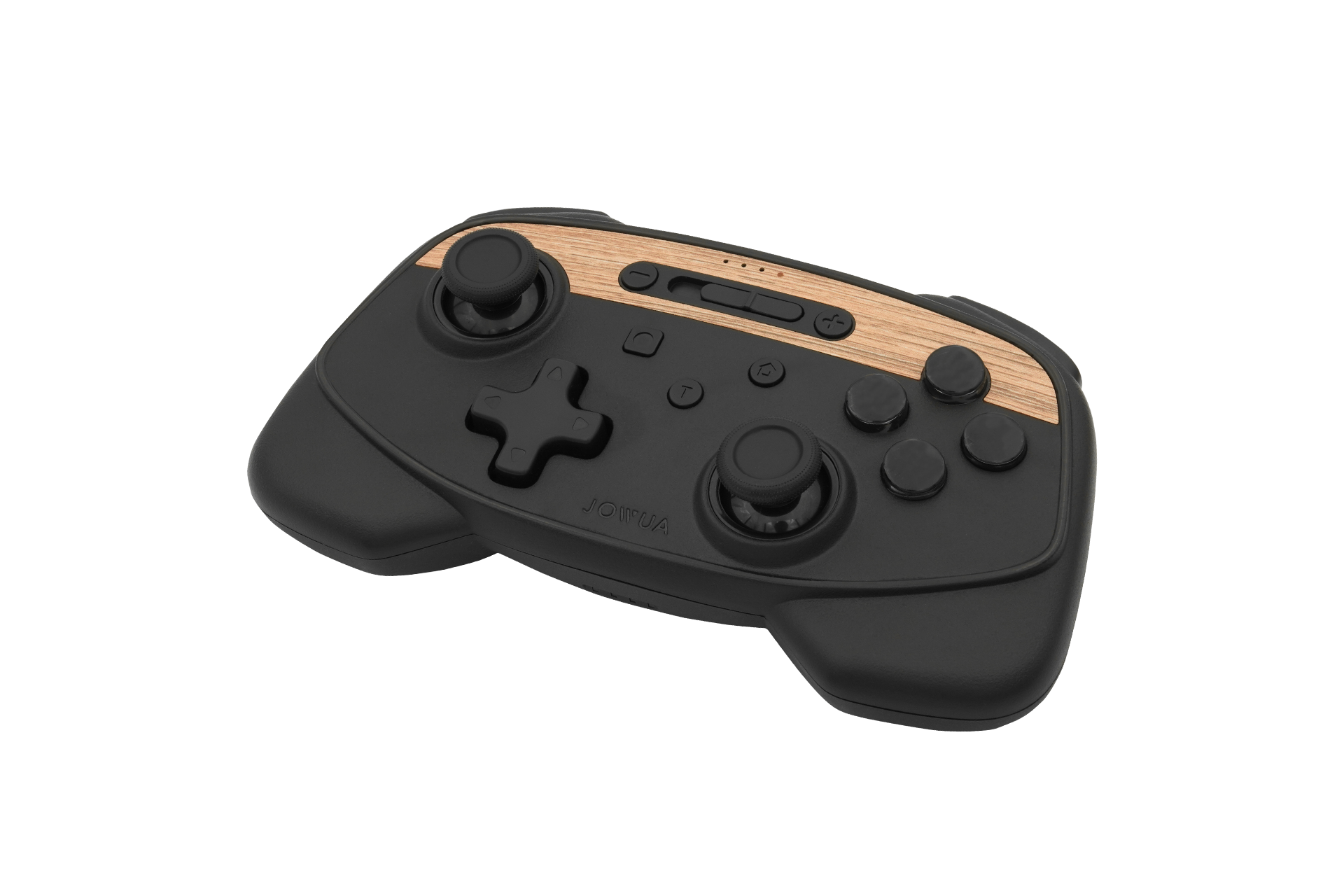 The JOWUA Tesla Gaming Controller - Multi-Device Wireless Controller (Wireless Charging) features a wood-patterned top panel with black buttons, joysticks, and a directional pad. Its ergonomic design is tailored for wireless play, providing seamless Bluetooth connectivity with Tesla-compatible entertainment systems.