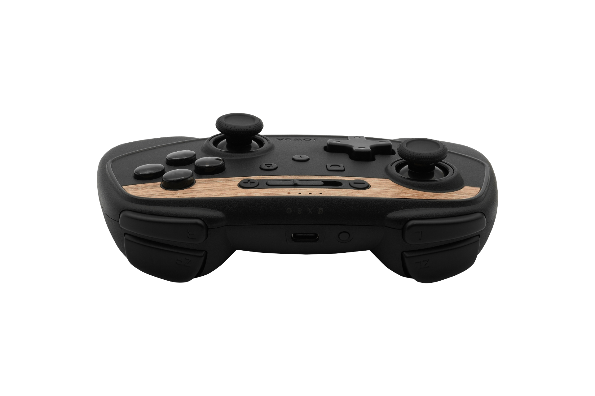 The JOWUA Tesla Gaming Controller, a sleek black device featuring a wooden accent strip across the top, offers Bluetooth connectivity and includes two analog sticks, a directional pad, various buttons, and shoulder triggers. At the bottom of this multi-device wireless controller is a charging port optimized for wireless charging.