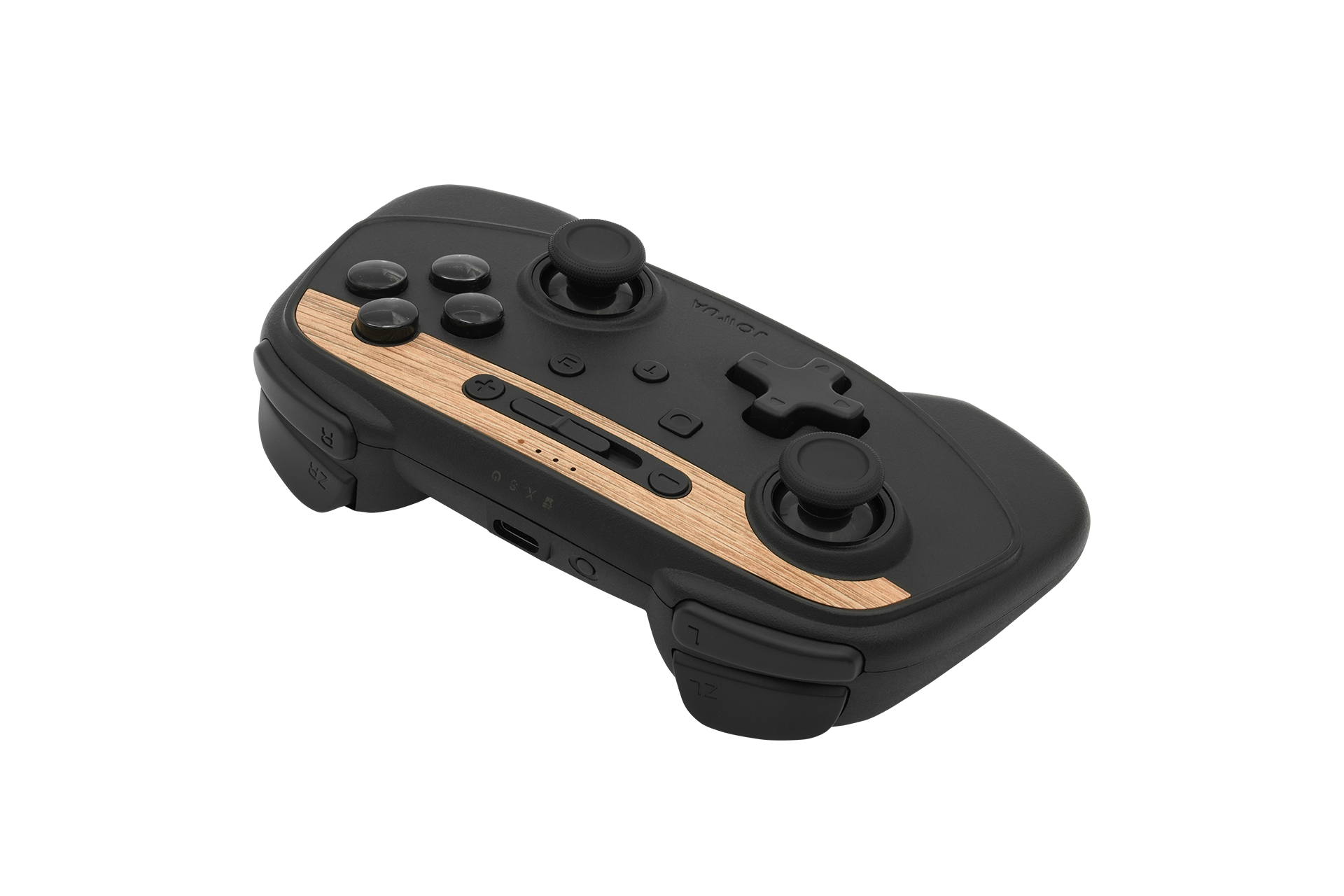Introducing the Tesla Gaming Controller by JOWUA, a stylish black wireless controller with Bluetooth connectivity. It includes two thumbsticks, a D-pad, and multiple buttons, all elegantly set on a sleek wooden accent top panel.