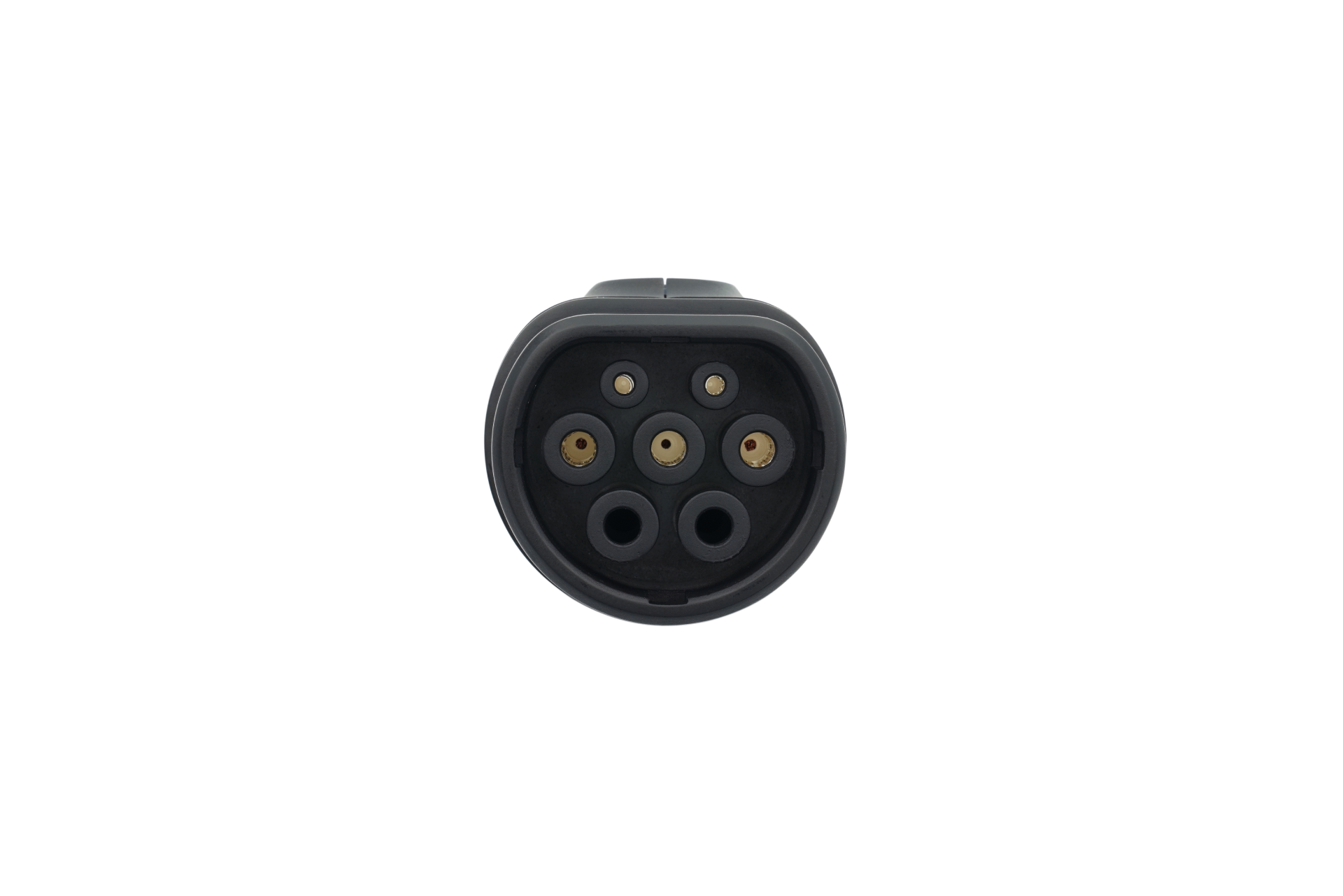 Close-up of a JOWUA TPC(NACS) to CCS2-AC (TYPE2) Adapter connector, adhering to IEC 62196-2 standards, viewed head-on. The circular connectors are arranged in a symmetrical pattern within a sleek black casing. The background is white.