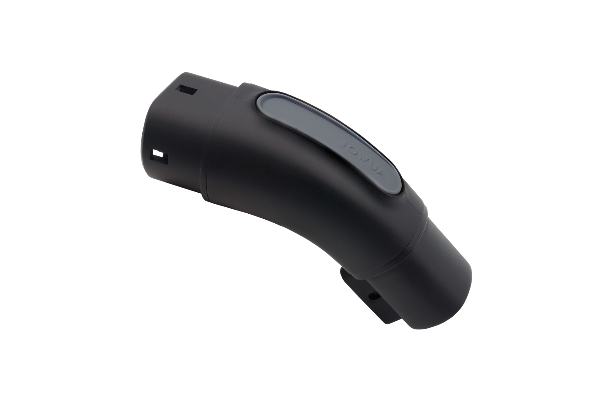 Introducing the JOWUA TPC(NACS) to CCS2-AC (TYPE2) Adapter, a black, curved charging connector featuring a sleek design with a smooth surface and a visible button on top. Resembling the IEC 62196-2 standard, it is ideal for charging devices or power supplies.