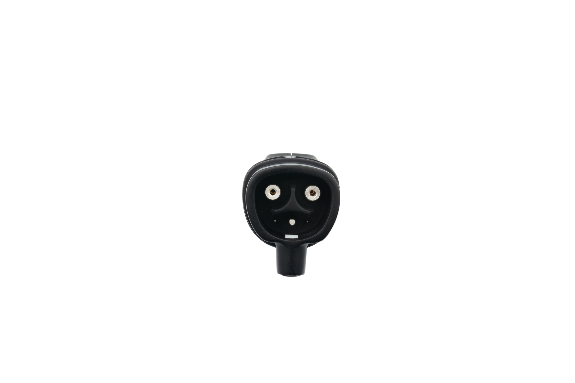 Close-up of the JOWUA TPC(NACS) to CCS2-AC (TYPE2) Adapter featuring a black plug head against a white background. The prongs and holes create a face-like appearance similar to the IEC 62196-2 charging connector.