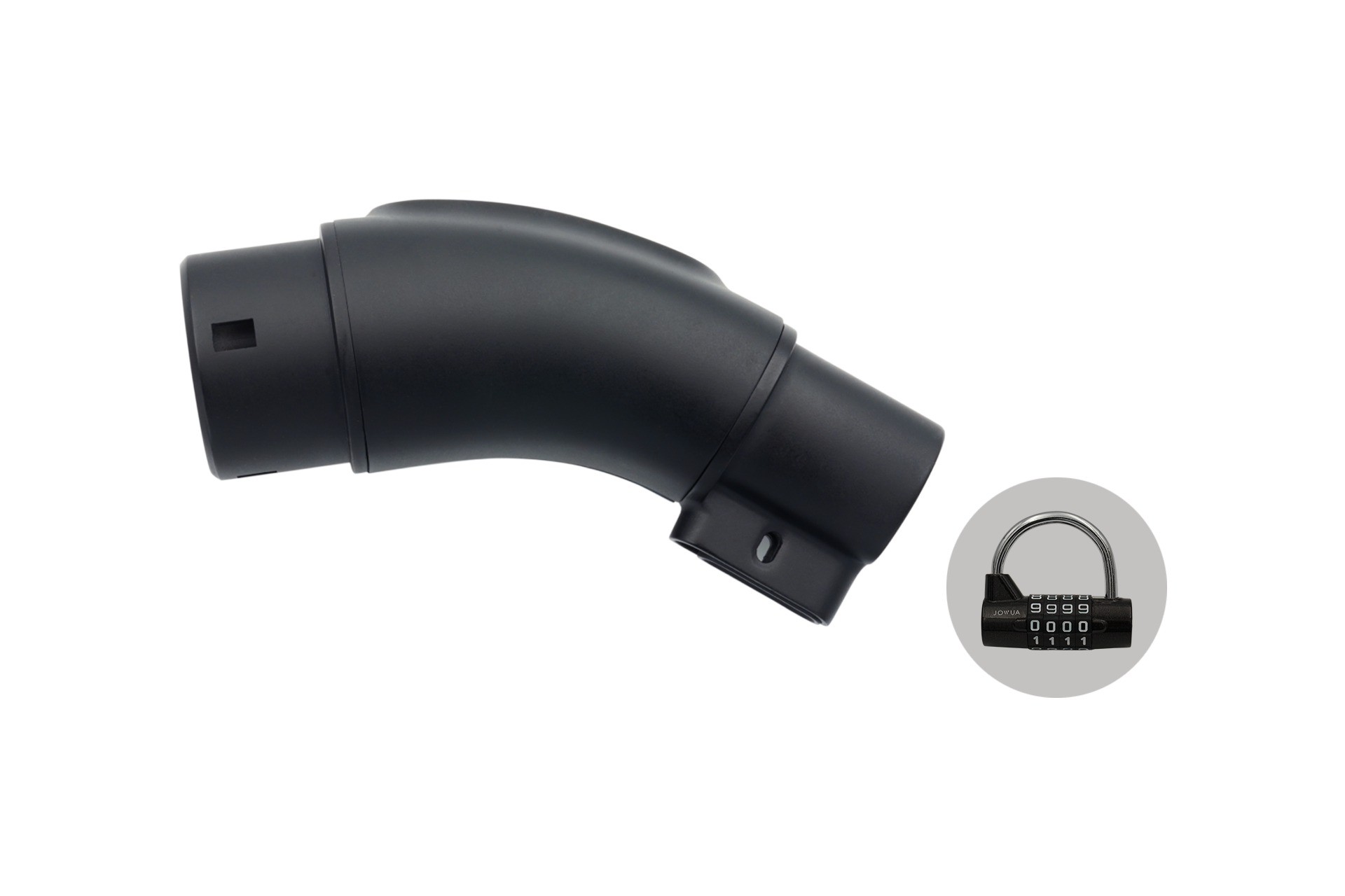 The JOWUA TPC(NACS) to CCS2-AC (TYPE2) Adapter is featured alongside a compact black combination lock, emphasizing a modern padlock design with a circular shackle and white numbers. Set against a plain white background, the minimalist image subtly evokes elements reminiscent of an IEC 62196-2 charging connector.