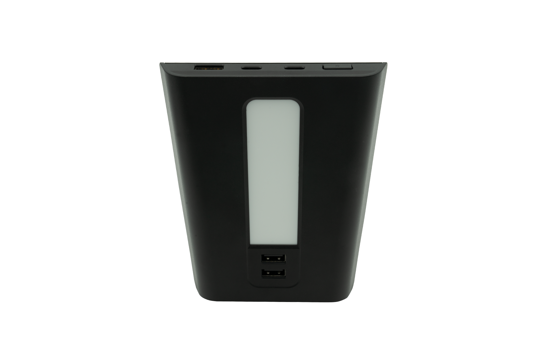 The JOWUA USB Hub for Tesla Model 3/Y is a black electronic accessory featuring a sleek rectangular white panel on the front. It includes dual USB-C ports with 45W power at the bottom and additional connection ports on the top edge, enhancing its modern design. Perfectly crafted to fit in the center console of your Tesla Model 3/Y, it also offers a warm LED light for added convenience.