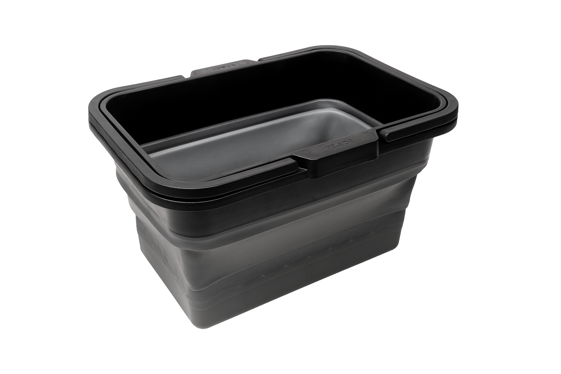 A black, rectangular plastic under-seat collapsible organizer from JOWUA, specifically designed for the Tesla Model X Y, comes with a partially removed lid that reveals its empty interior. The ribbed sides offer support and durability, making it ideal for Model Y storage needs.