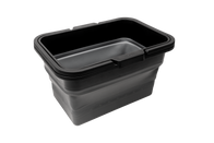 A black, rectangular plastic under-seat collapsible organizer from JOWUA, specifically designed for the Tesla Model X Y, comes with a partially removed lid that reveals its empty interior. The ribbed sides offer support and durability, making it ideal for Model Y storage needs.