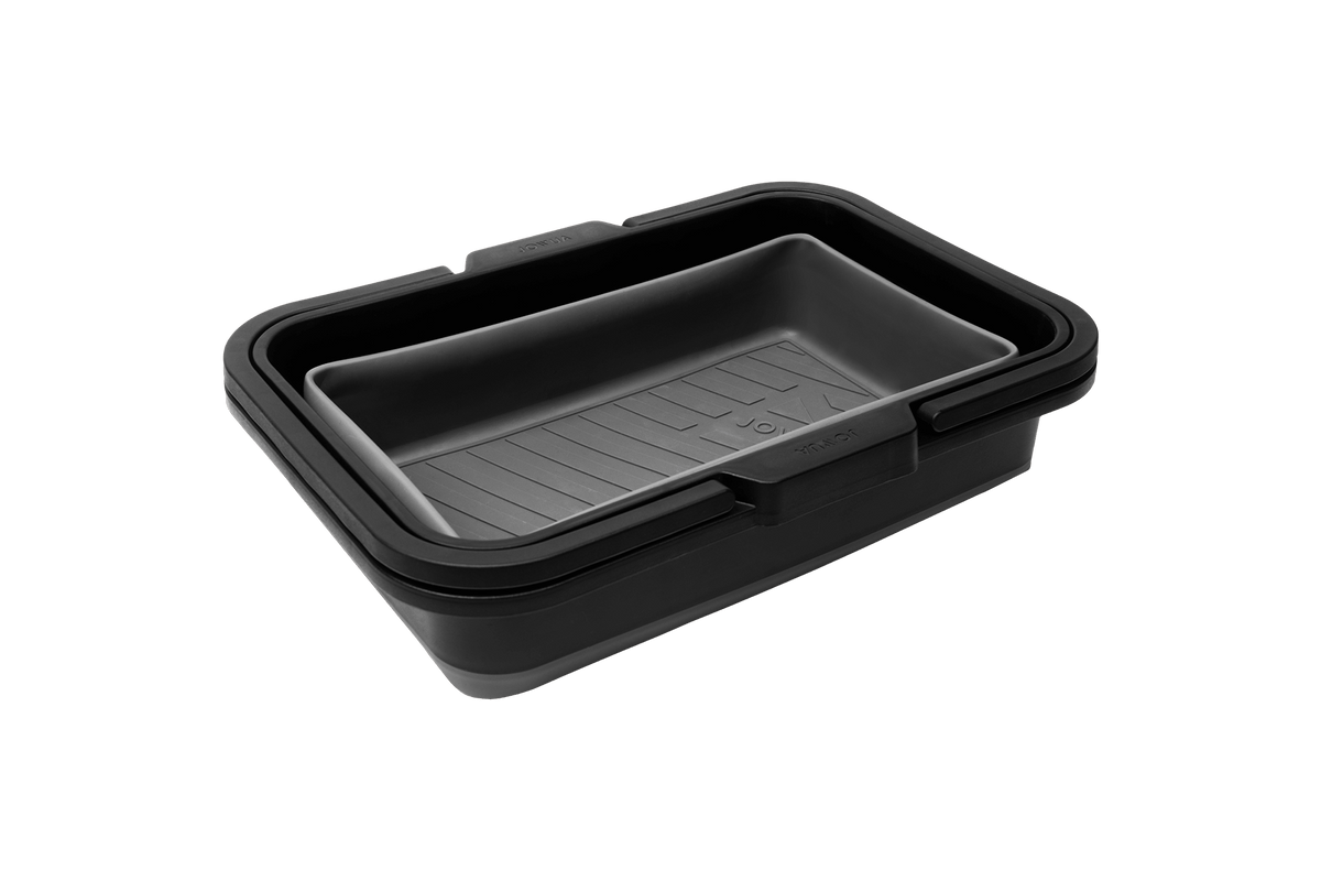 The JOWUA Under Seat Collapsible Organizer (Set of 2) for Tesla Model X Y features black, rectangular storage boxes with wide rims and textured bottoms, partially nested together and displayed on a plain light background.