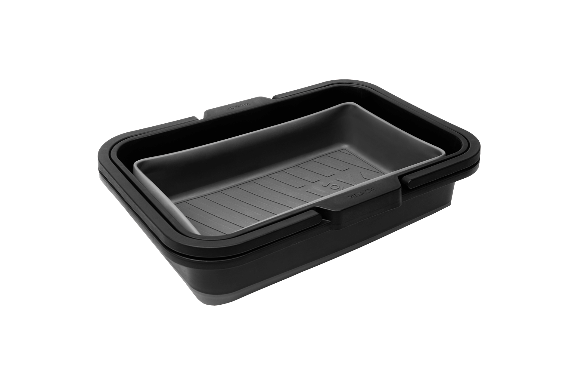 A sleek black rectangular plastic organizer from JOWUA is displayed against a solid black background. This Under Seat Collapsible Organizer for Tesla Model X and Y features a lined interior and slightly raised edges, making it an ideal multi-purpose solution for organizing or storing various items.