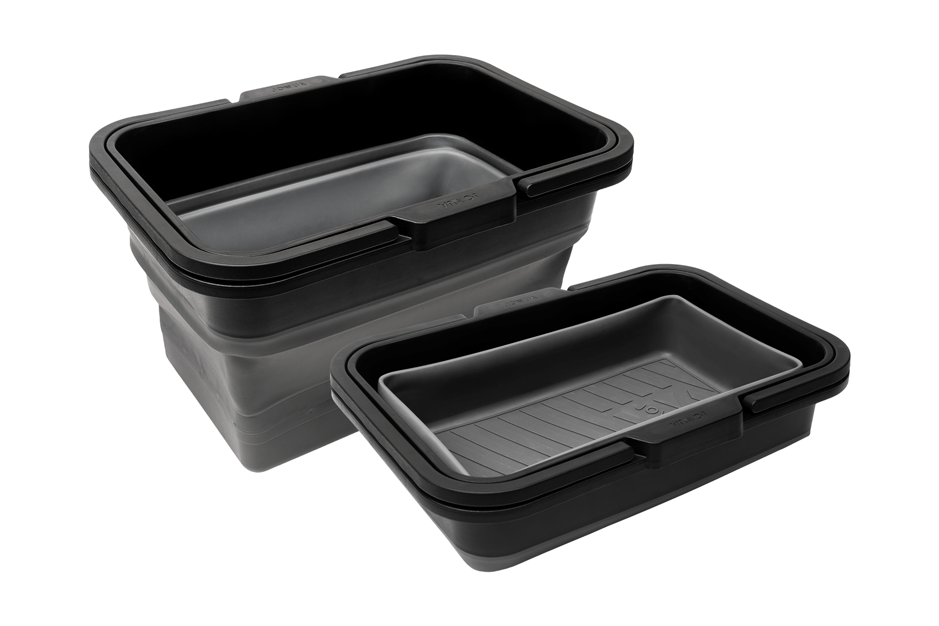 Two JOWUA Under Seat Collapsible Organizers for Tesla Model X Y, shown in a sleek gray and black design against a black background, feature stackable, rectangular open tops. With foldable sides and expandable interiors, they offer grooved interiors and reinforced edges for versatile storage solutions, making them ideal for multipurpose use.