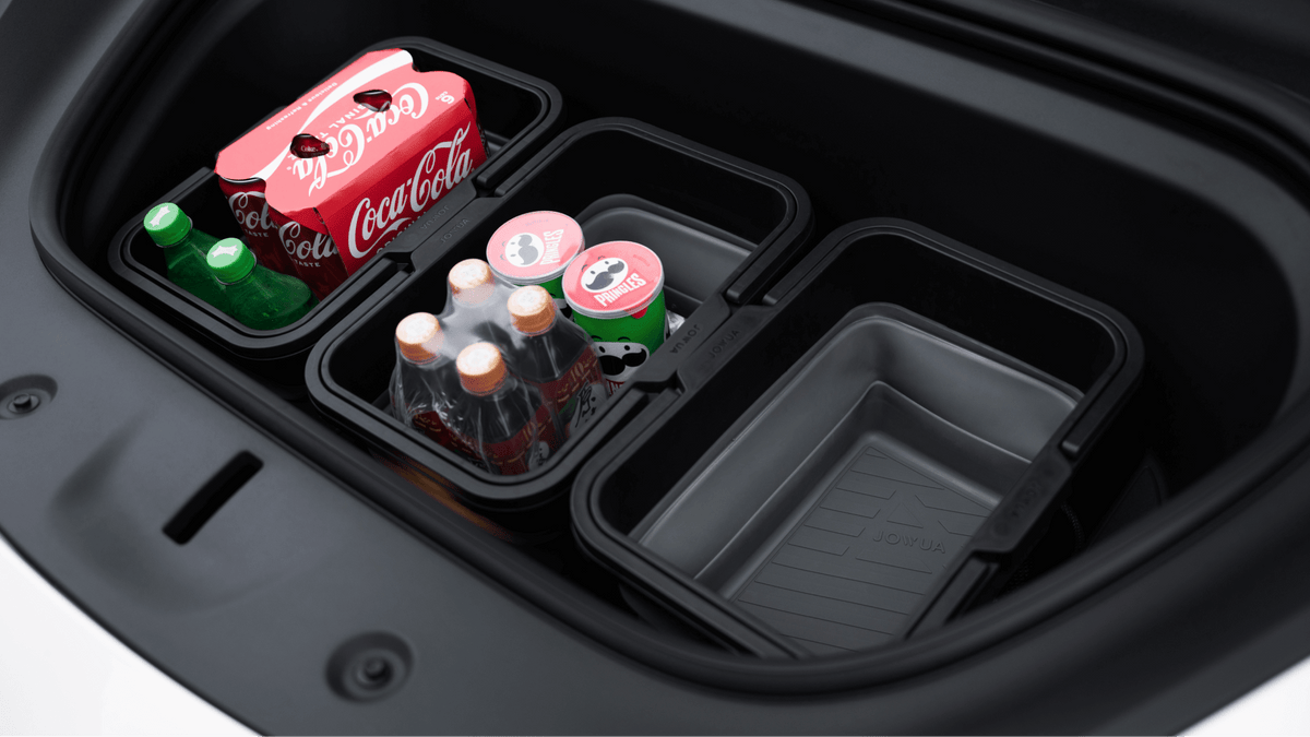 Two JOWUA Under Seat Collapsible Organizers for Tesla Model X/Y sit in a car trunk—one empty, the other filled with Coca-Cola cans, Sprite bottles, and panda-logo drinks—ideal for organizing beverages on the go.