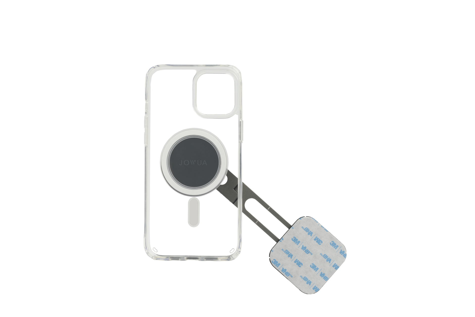 iPhone case designed by JOWUA featuring a circular magnetic mount. It's compatible with MagSafe car mounts and comes tailored for the Model Y or Model 3 Tesla, specifically fitting the iPhone 11/12 series. The package includes an additional magnetic strip and square adhesive pad, ensuring seamless wireless charging, all showcased on a white background.