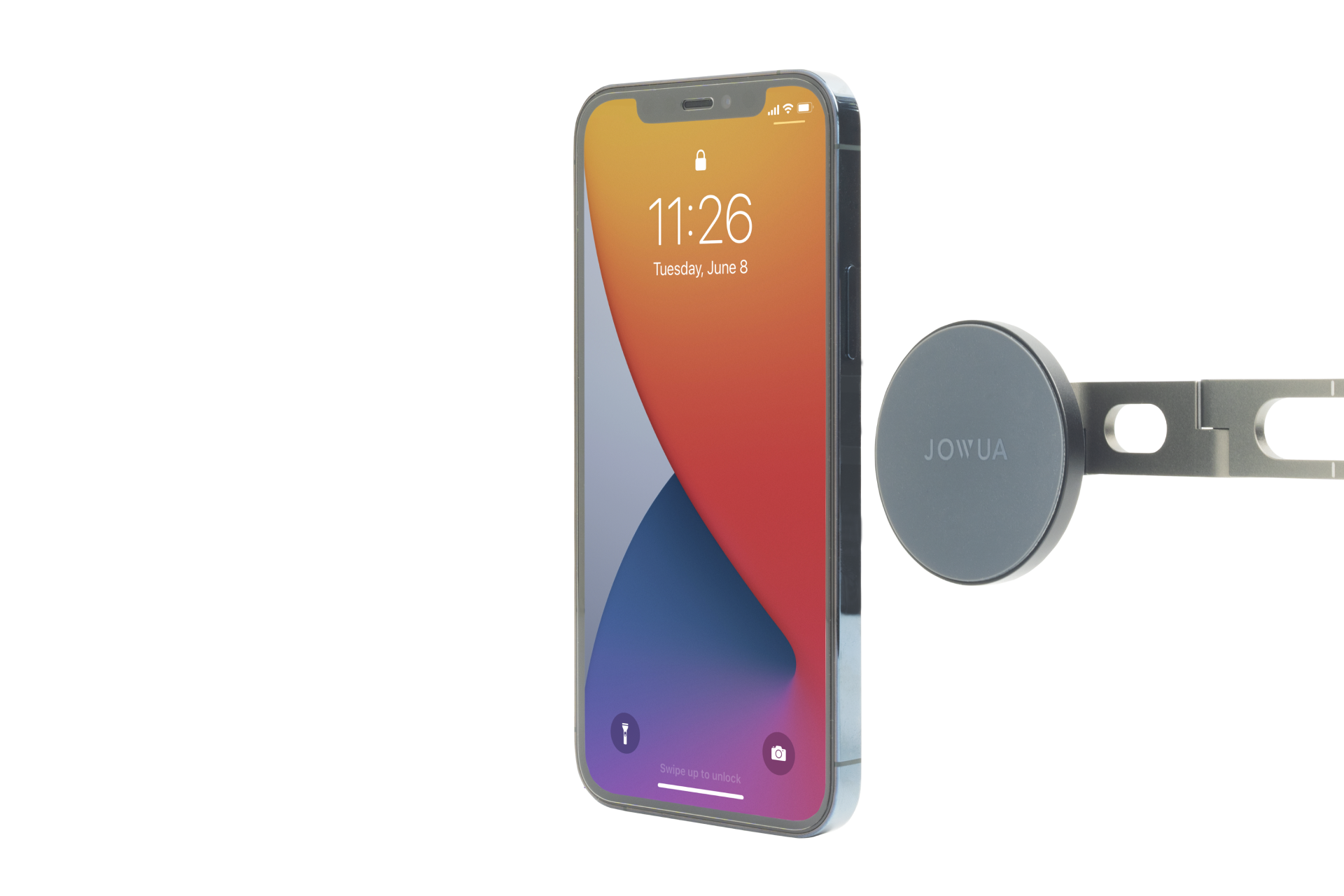 A smartphone with a vibrant screen displays time and date next to a JOWUA 6D Tesla Compatible Invisible Foldaway Car Mount Qi2 Wireless Charger, compatible with MagSafe, for Model 3 Highland 2024+/Y Juniper 2025+/Cybertruck.