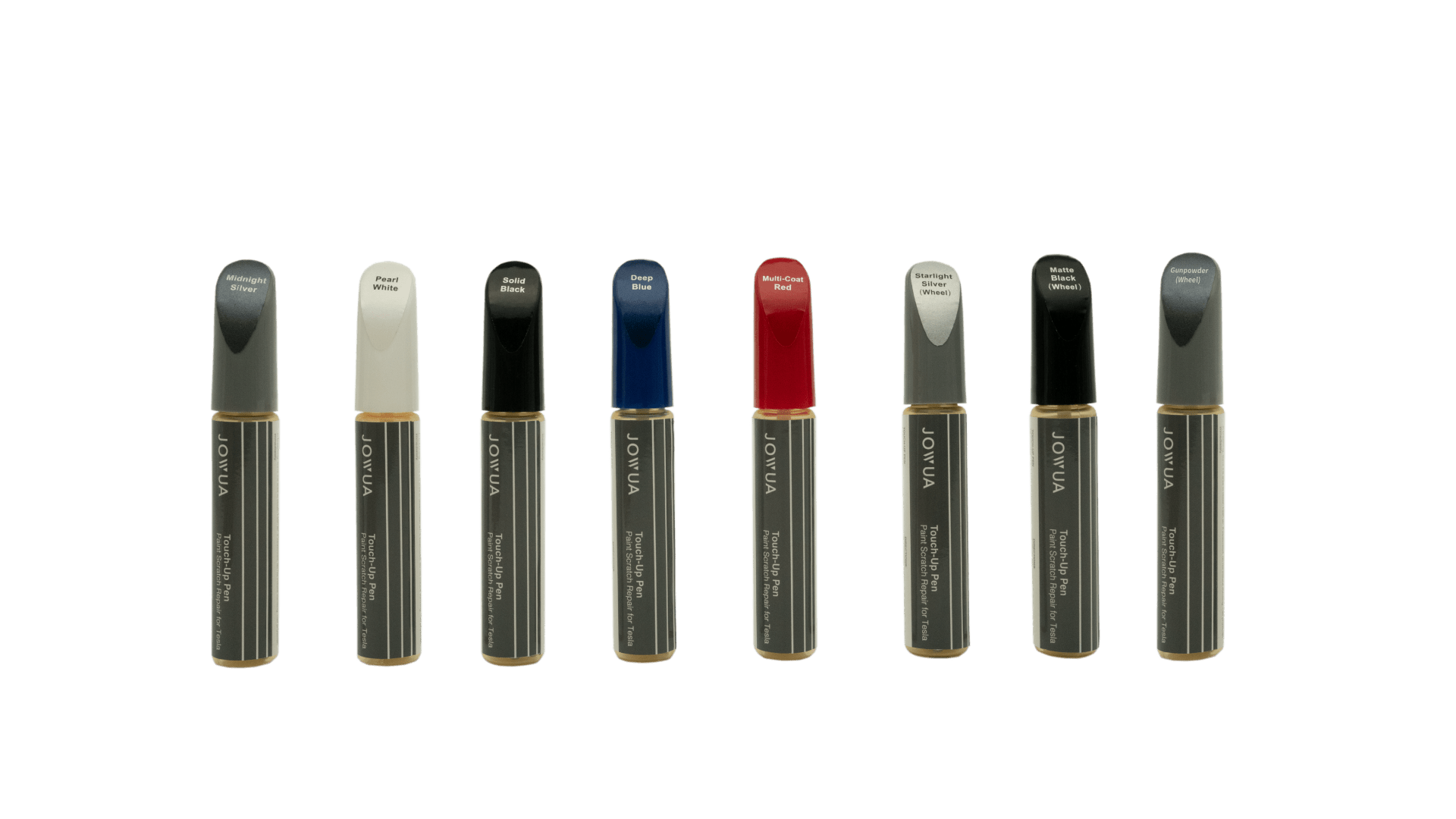 Two JOWUA Touch-up Paint pens for Tesla Model S/3/X/Y are shown on a white background, each with a sleek black and gold design and different colored caps—grey, white, black, blue, red, beige, and dark grey.