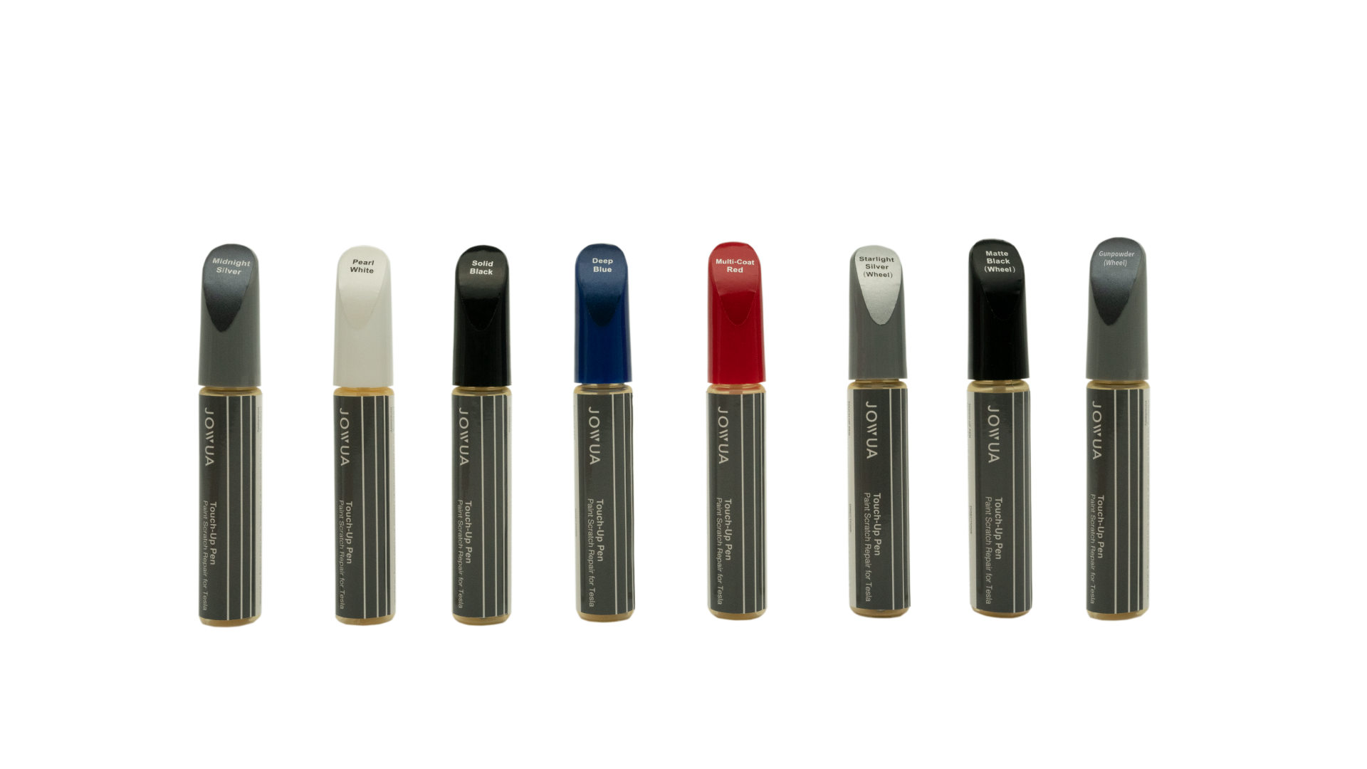 A row of eight sleek, ultra-thin pens is displayed, each featuring a different colored top—white, gray, blue, red, and four in black. They all bear the label "JOWUA" on their glossy black bodies with gold trim that evokes the elegance of Tesla paint. The background remains elegantly simple in white.